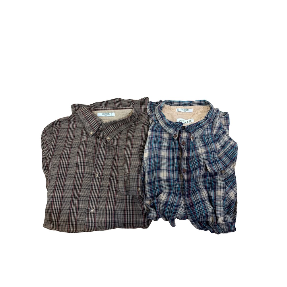 Lot of 2 Orvis Mens XXL Plaid Button Down Shirts 100% Cotton Long Sleeve Brown